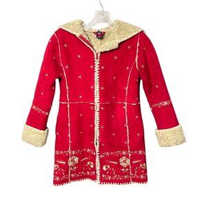 Vintage Y2K Gap Kids Red Embroidered Hooded Coat Sherpa Lined Long Sleeve Size 8